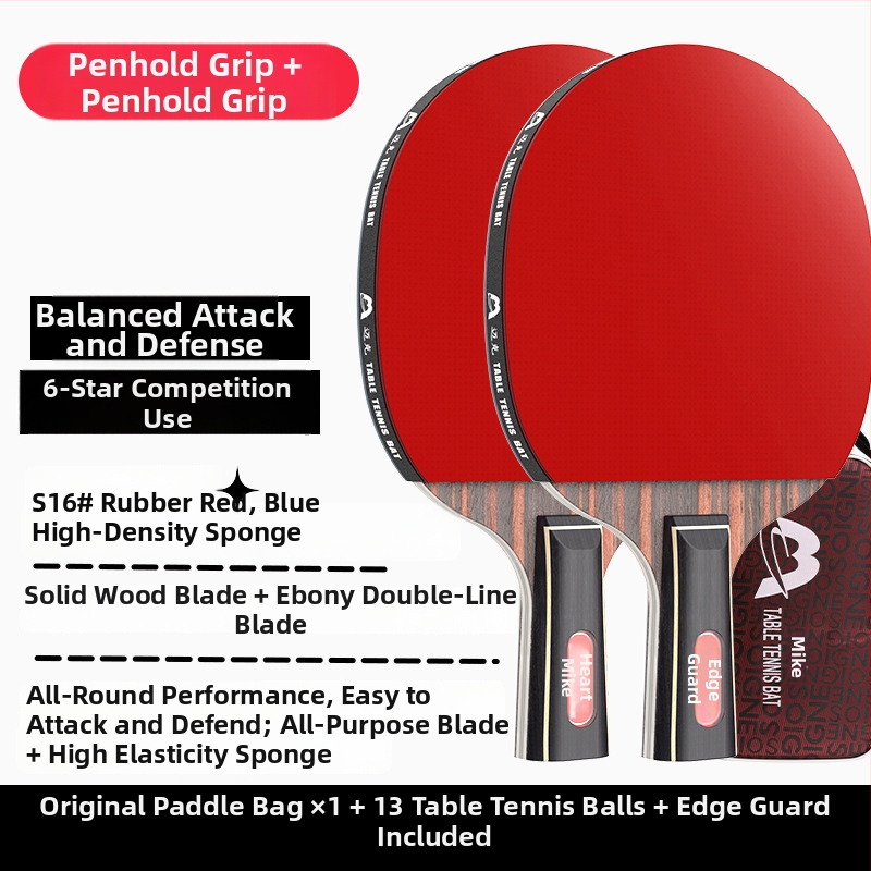 Raketa na stolný tenis s dlhým držadlom, priamy úder, lepiaca guma, viacvrstvová čepeľ (Poplar, basswood, ebony, teak) pre začiatočníkov