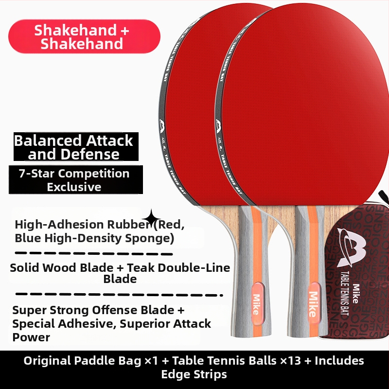 Raketa na stolný tenis s dlhým držadlom, priamy úder, lepiaca guma, viacvrstvová čepeľ (Poplar, basswood, ebony, teak) pre začiatočníkov