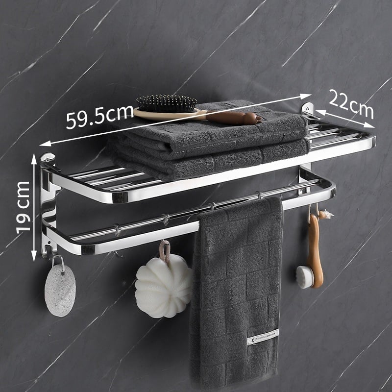 Sklopeivi stalak za ručnike od 304 nehrđajućeg čelika, zidni, bez bušenja, jednostruki kupaonski organizator, polirana površina, nosivost 20