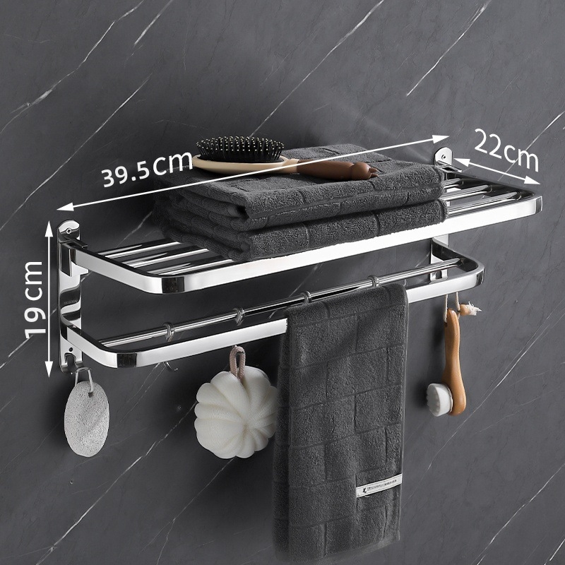 Sklopeivi stalak za ručnike od 304 nehrđajućeg čelika, zidni, bez bušenja, jednostruki kupaonski organizator, polirana površina, nosivost 20