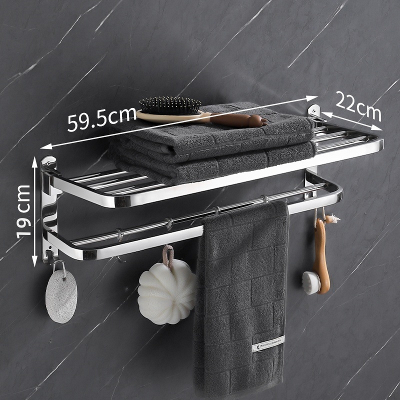 Sklopeivi stalak za ručnike od 304 nehrđajućeg čelika, zidni, bez bušenja, jednostruki kupaonski organizator, polirana površina, nosivost 20