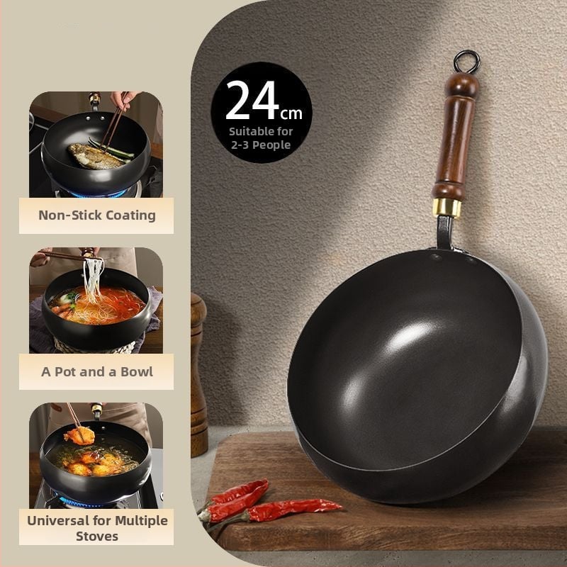Tradicionalni wok od lijevanog željeza s velikim trbušnim oblikom, ručno izrađena kućna tava s neprijanjajućim premazom