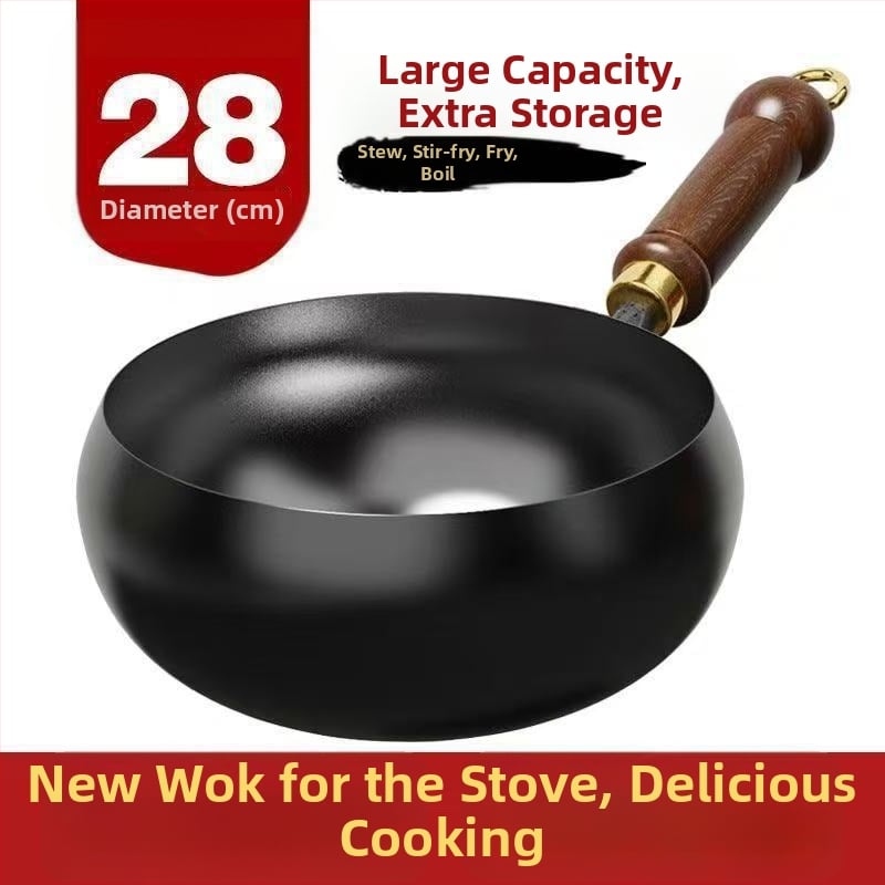 Tradicionalni wok od lijevanog željeza s velikim trbušnim oblikom, ručno izrađena kućna tava s neprijanjajućim premazom
