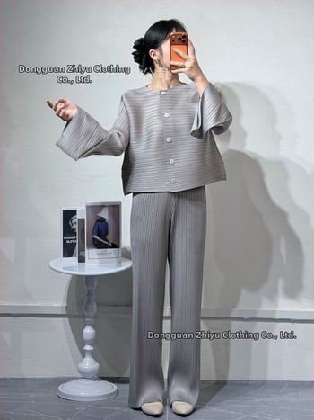 Nadrágos kosztüm szett: Kardigán, ráncos textúra, poliészter 95%+, Japán-koreai casual stílus