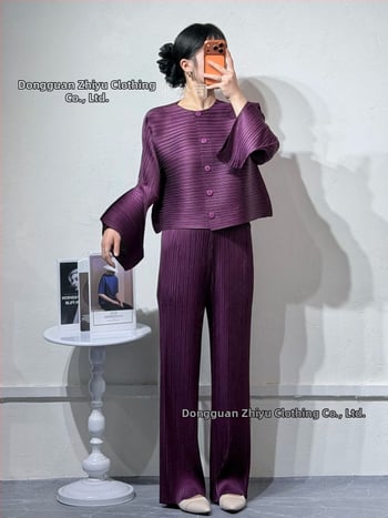 Nadrágos kosztüm szett: Kardigán, ráncos textúra, poliészter 95%+, Japán-koreai casual stílus