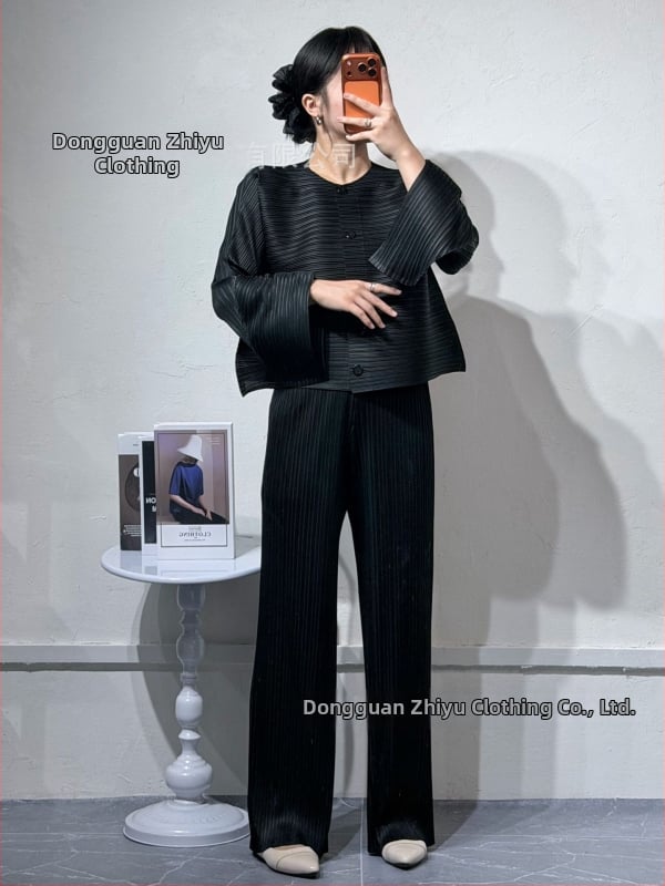 Nadrágos kosztüm szett: Kardigán, ráncos textúra, poliészter 95%+, Japán-koreai casual stílus