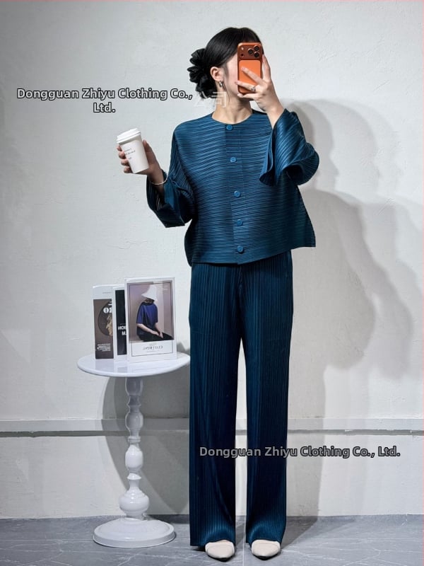 Nadrágos kosztüm szett: Kardigán, ráncos textúra, poliészter 95%+, Japán-koreai casual stílus