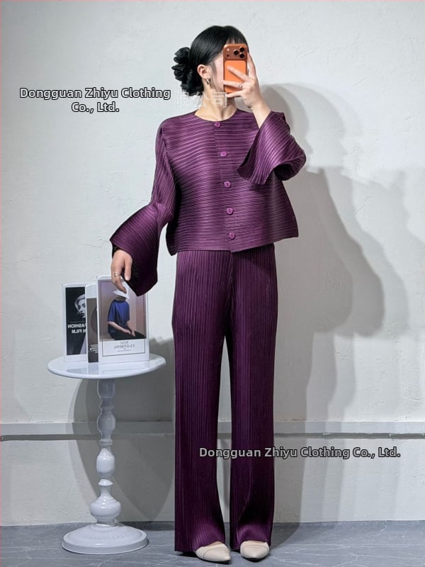 Nadrágos kosztüm szett: Kardigán, ráncos textúra, poliészter 95%+, Japán-koreai casual stílus