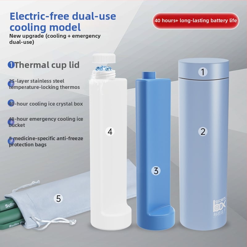 Портативен охладител за инсулин и мини хладилник за лекарства; корпус 304 неръждаема стомана + алуминий; 5V, 10W; минимална температура на охлаждане 2°C; тегло 1 кг