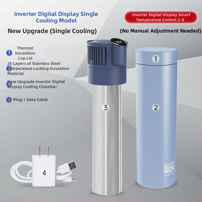 Портативен охладител за инсулин и мини хладилник за лекарства; корпус 304 неръждаема стомана + алуминий; 5V, 10W; минимална температура на охлаждане 2°C; тегло 1 кг