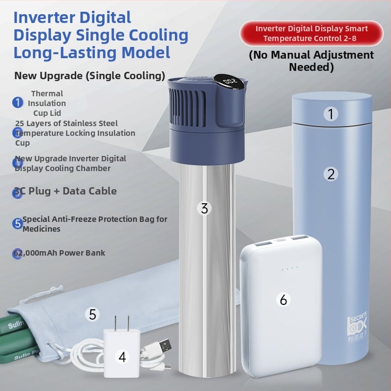 Портативен охладител за инсулин и мини хладилник за лекарства; корпус 304 неръждаема стомана + алуминий; 5V, 10W; минимална температура на охлаждане 2°C; тегло 1 кг