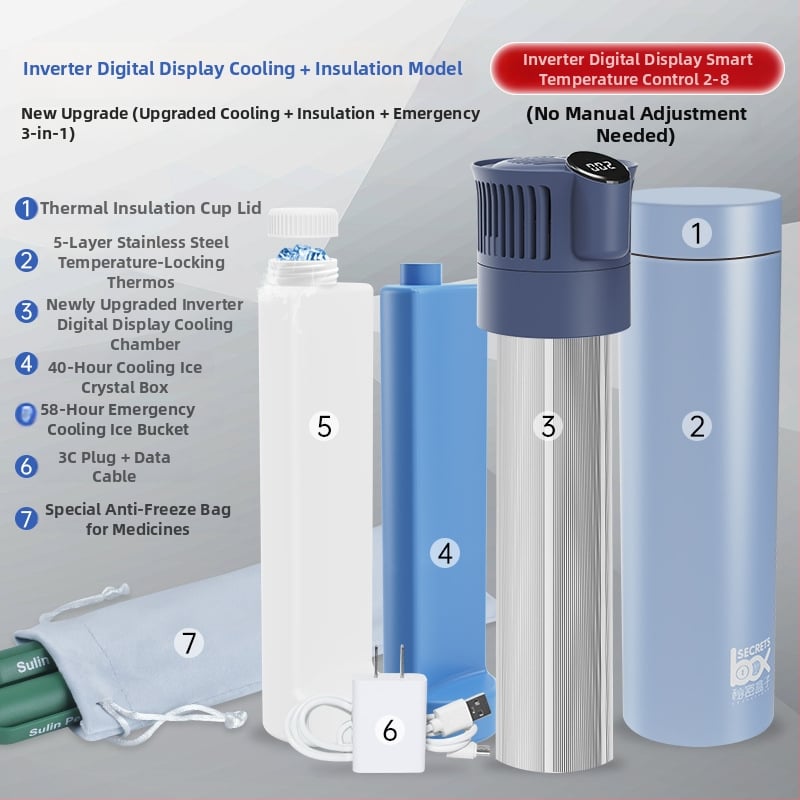 Портативен охладител за инсулин и мини хладилник за лекарства; корпус 304 неръждаема стомана + алуминий; 5V, 10W; минимална температура на охлаждане 2°C; тегло 1 кг