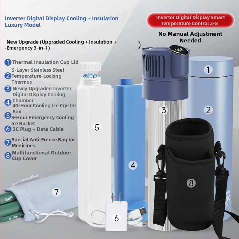 Портативен охладител за инсулин и мини хладилник за лекарства; корпус 304 неръждаема стомана + алуминий; 5V, 10W; минимална температура на охлаждане 2°C; тегло 1 кг