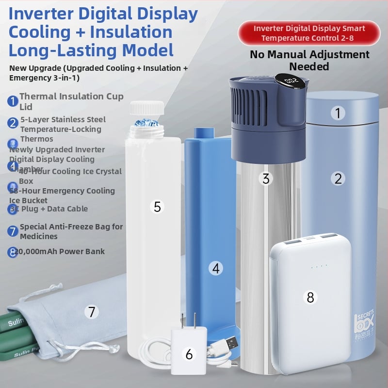 Портативен охладител за инсулин и мини хладилник за лекарства; корпус 304 неръждаема стомана + алуминий; 5V, 10W; минимална температура на охлаждане 2°C; тегло 1 кг
