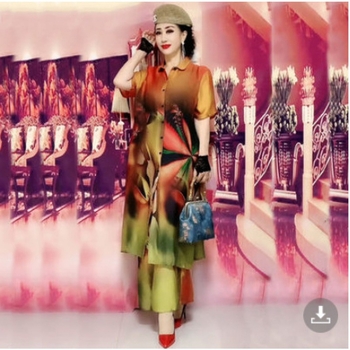 Floral mintás kétrészes készlet széles szárú nadrágokkal, poliészter anyag, 80-90% poliészter, 3/4 ujjú, elegáns stílus