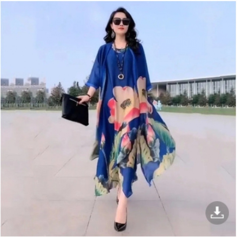 Floral mintás kétrészes készlet széles szárú nadrágokkal, poliészter anyag, 80-90% poliészter, 3/4 ujjú, elegáns stílus