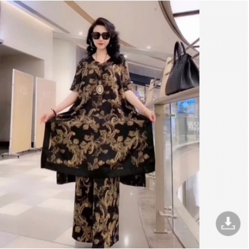 Floral mintás kétrészes készlet széles szárú nadrágokkal, poliészter anyag, 80-90% poliészter, 3/4 ujjú, elegáns stílus