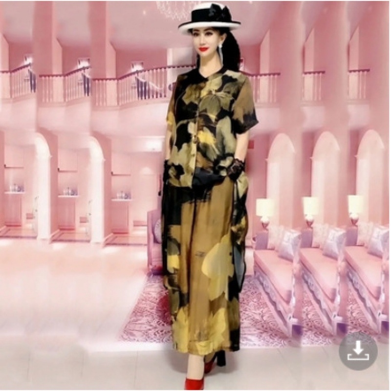 Floral mintás kétrészes készlet széles szárú nadrágokkal, poliészter anyag, 80-90% poliészter, 3/4 ujjú, elegáns stílus