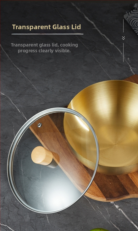 Wok z nehrdzavejúcej ocele 430, bez povlaku, s jedným dnom a skleneným viečkom