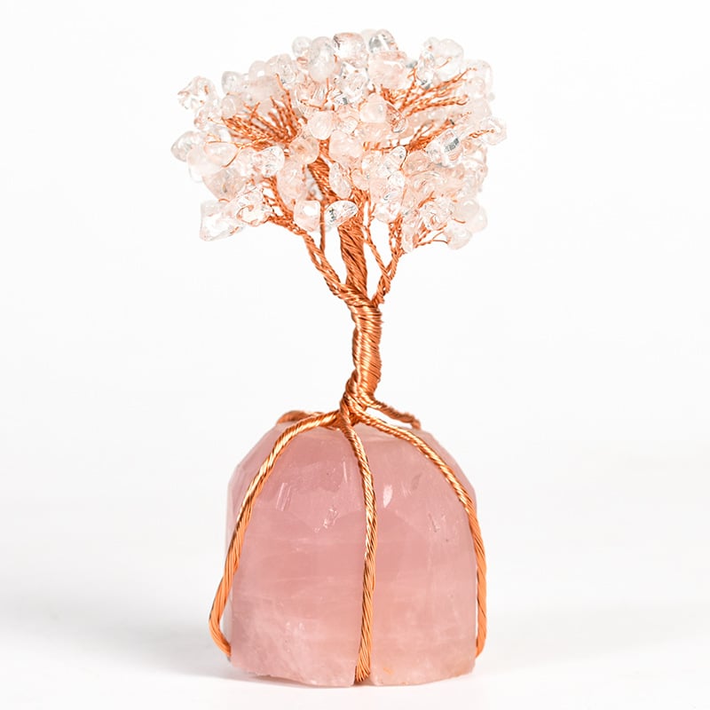 Δέντρο από ροζ χαλαζία με περιτυλιγμένο σύρμα – κρυστάλλινο διακοσμητικό για γραφείο και σπίτι