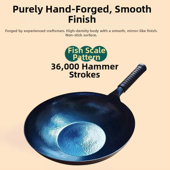 Wok z kovaného železa, bez povlaku, vhodný pre indukčné varenie, model s rybinými šupinami, s jedným dnom