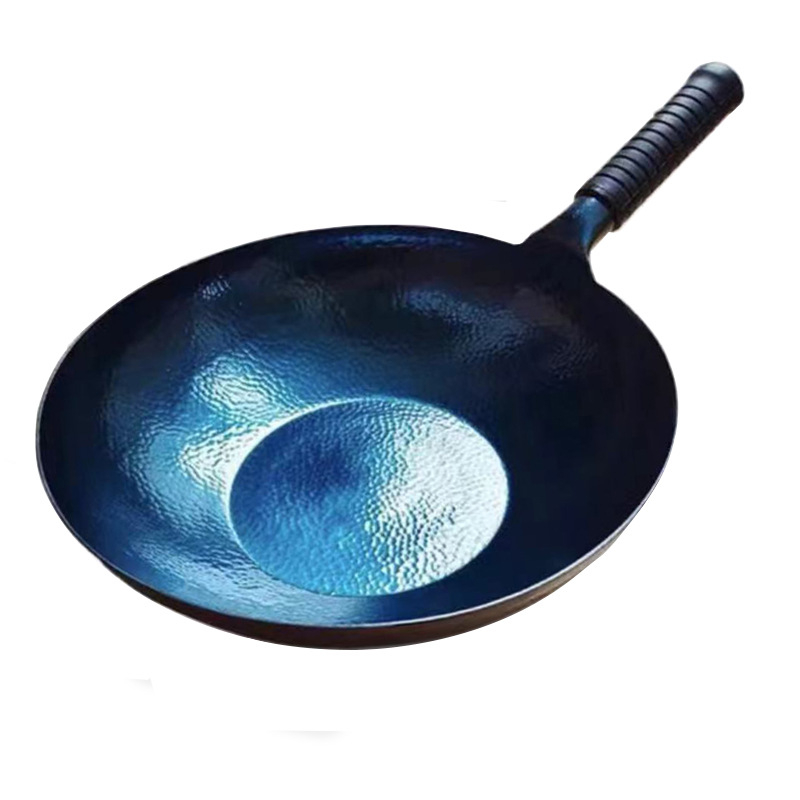 Wok od kovanog željeza, bez premaza, pogodan za indukciju, model s ljuskama ribe, s jednim dnom