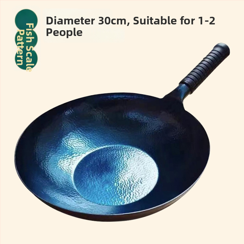 Wok z kovaného železa, bez povlaku, vhodný pre indukčné varenie, model s rybinými šupinami, s jedným dnom