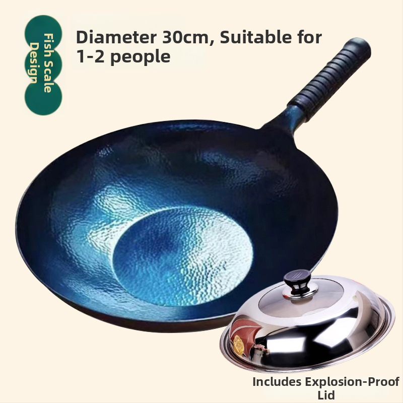 Wok z kovaného železa, bez povlaku, vhodný pre indukčné varenie, model s rybinými šupinami, s jedným dnom