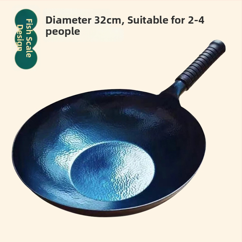 Wok z kovaného železa, bez povlaku, vhodný pre indukčné varenie, model s rybinými šupinami, s jedným dnom