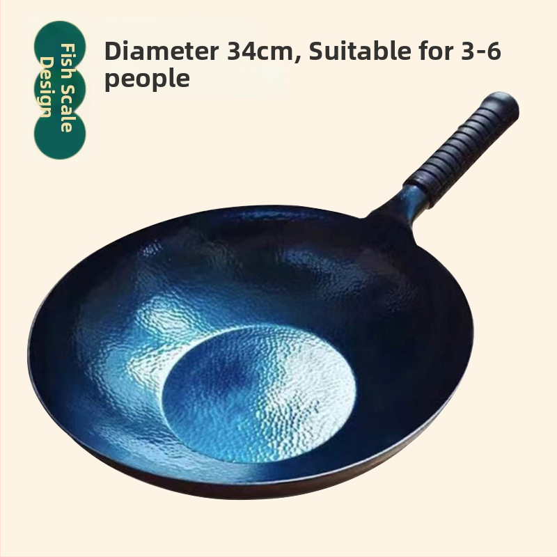 Wok z kovaného železa, bez povlaku, vhodný pre indukčné varenie, model s rybinými šupinami, s jedným dnom