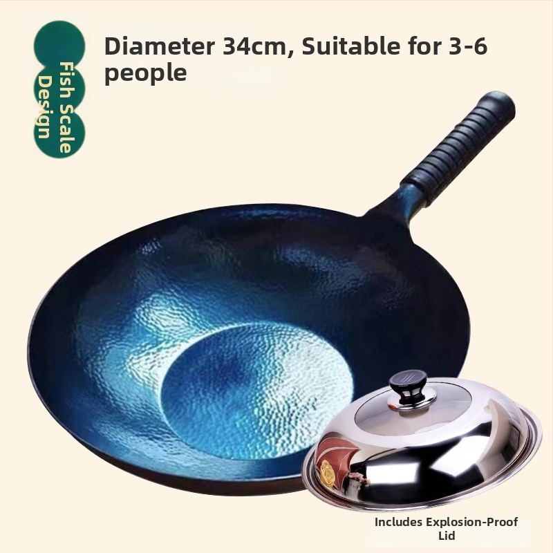 Wok z kovaného železa, bez povlaku, vhodný pre indukčné varenie, model s rybinými šupinami, s jedným dnom