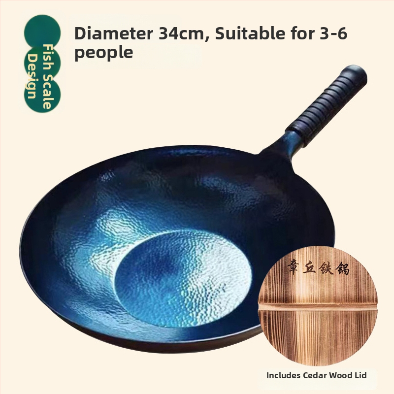 Wok z kovaného železa, bez povlaku, vhodný pre indukčné varenie, model s rybinými šupinami, s jedným dnom