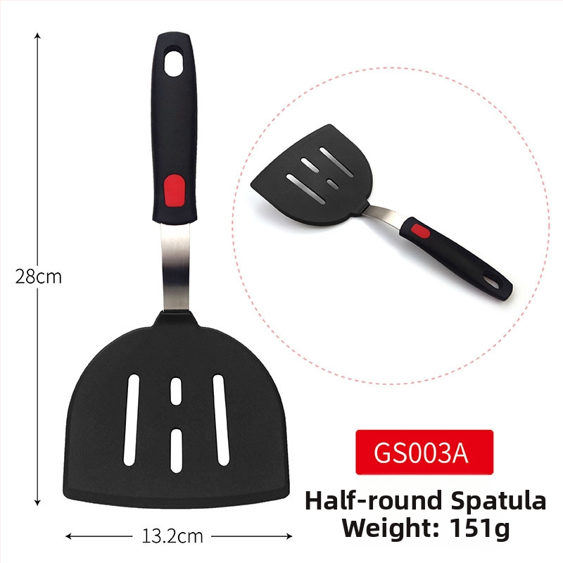 Teppanyaki silikónová špachtľa s pružinovou oceľou a plastovým držadlom; nepriľnavá, vysokoteplotná, ochrana pred popáleninami.