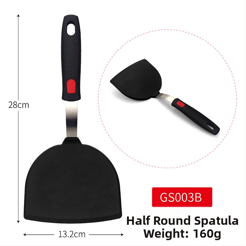 Teppanyaki silikónová špachtľa s pružinovou oceľou a plastovým držadlom; nepriľnavá, vysokoteplotná, ochrana pred popáleninami.