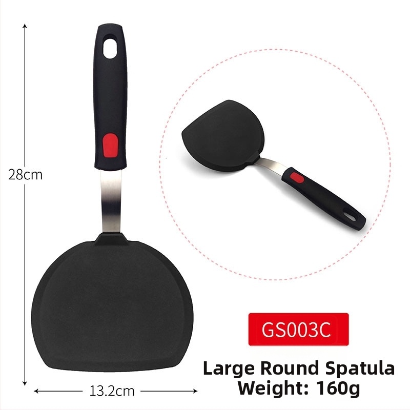 Teppanyaki silikónová špachtľa s pružinovou oceľou a plastovým držadlom; nepriľnavá, vysokoteplotná, ochrana pred popáleninami.