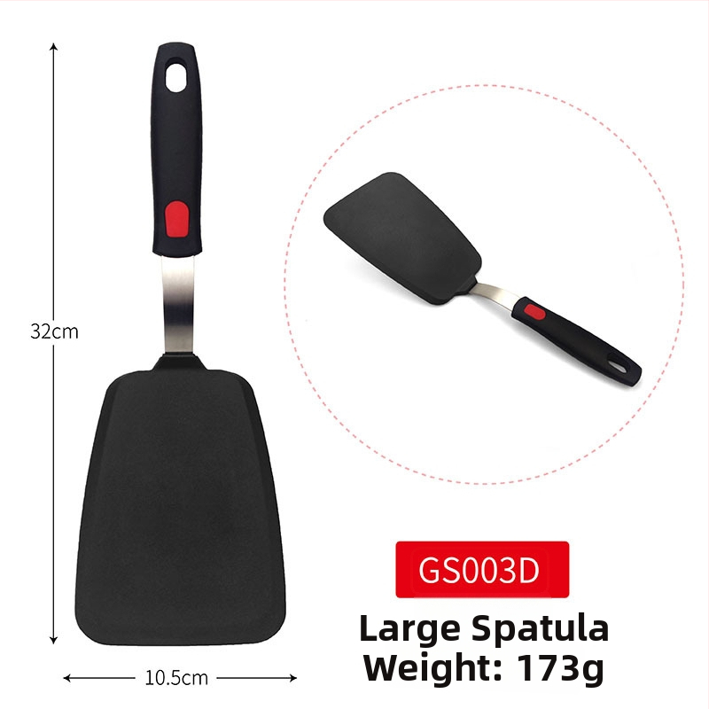 Teppanyaki silikónová špachtľa s pružinovou oceľou a plastovým držadlom; nepriľnavá, vysokoteplotná, ochrana pred popáleninami.