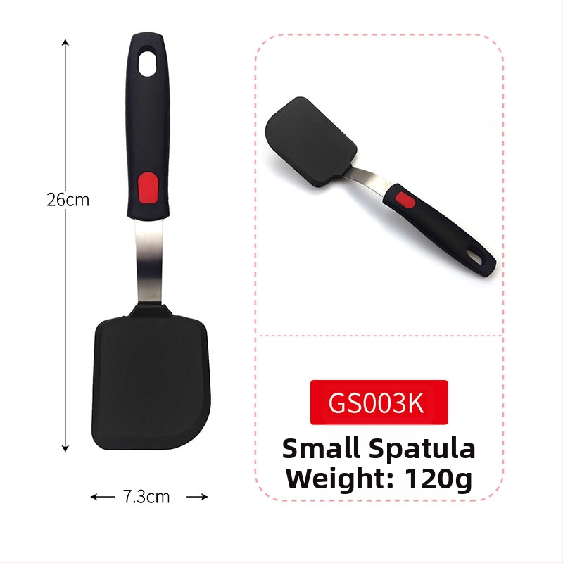 Teppanyaki silikónová špachtľa s pružinovou oceľou a plastovým držadlom; nepriľnavá, vysokoteplotná, ochrana pred popáleninami.