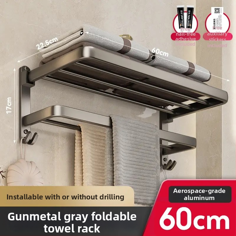 Dvostruki držač za ručnike u kupaonici od kosmičkog aluminija, bez bušenja, zidni nosač, nosivost 50 kg