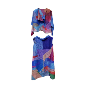 Pleat World Geometriai mintás két részes szoknyás kosztüm, midi hosszú szoknya, poliészter anyag, 95% feletti poliészter-tartalom, elegáns irodai stílus