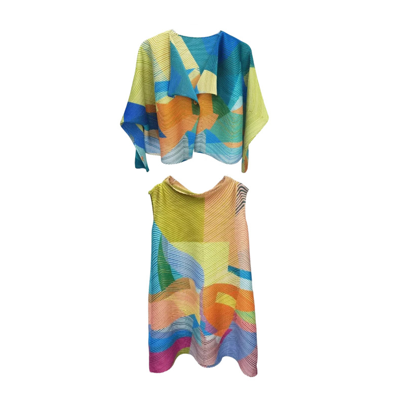 Pleat World Geometriai mintás két részes szoknyás kosztüm, midi hosszú szoknya, poliészter anyag, 95% feletti poliészter-tartalom, elegáns irodai stílus