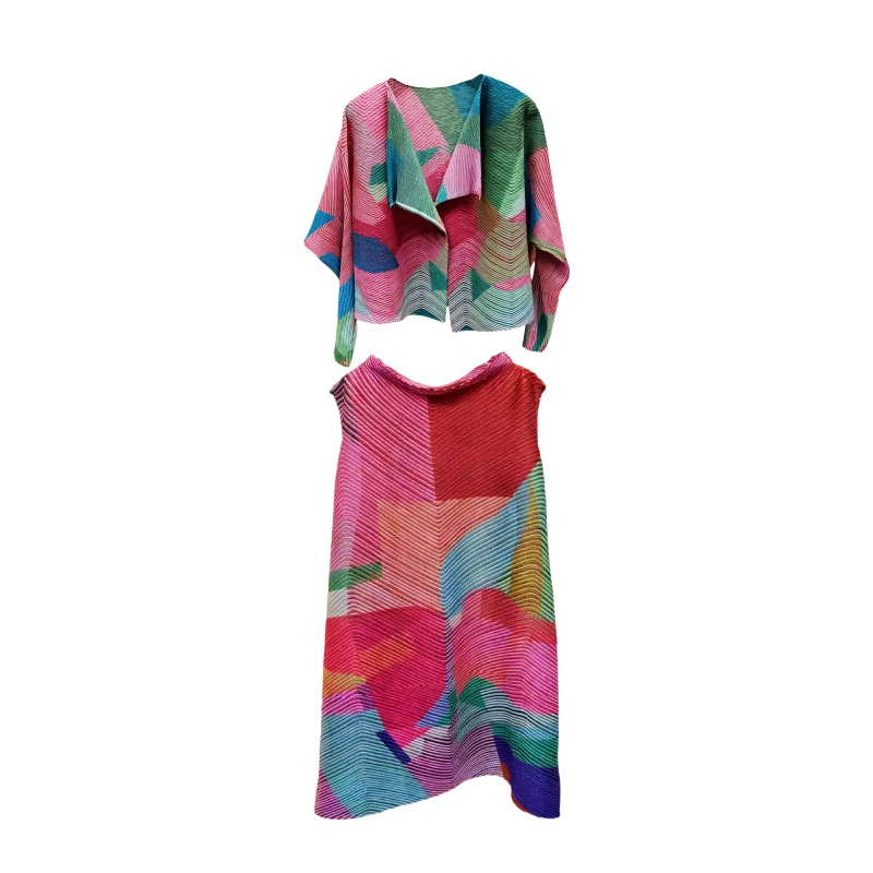 Pleat World Geometriai mintás két részes szoknyás kosztüm, midi hosszú szoknya, poliészter anyag, 95% feletti poliészter-tartalom, elegáns irodai stílus