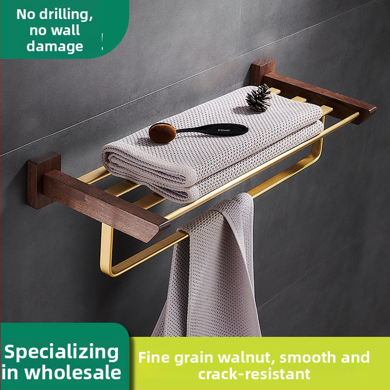 Držač za ručnike u kupaonici od drva oraha, s brušenim završetkom, bez bušenja, kutni stalak, šestodijelni set