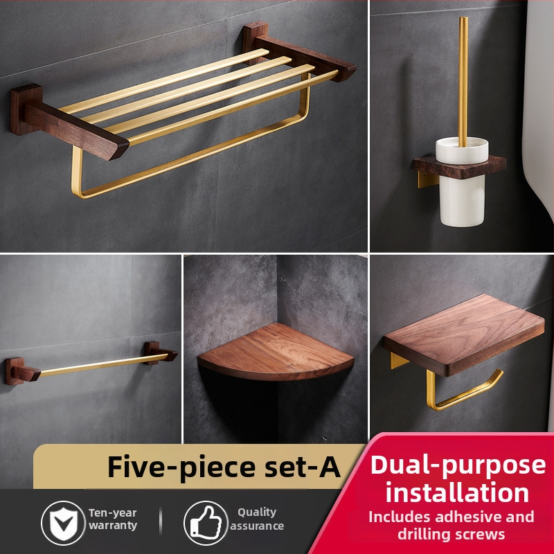 Držač za ručnike u kupaonici od drva oraha, s brušenim završetkom, bez bušenja, kutni stalak, šestodijelni set