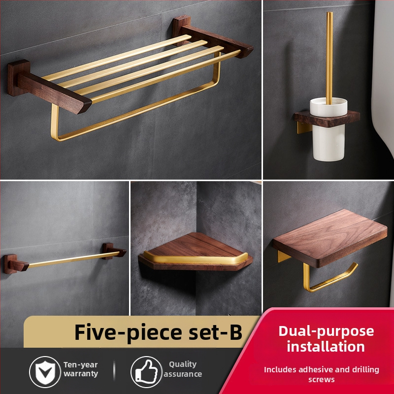 Držač za ručnike u kupaonici od drva oraha, s brušenim završetkom, bez bušenja, kutni stalak, šestodijelni set
