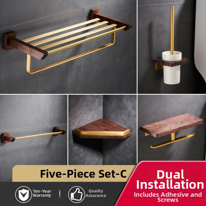 Držač za ručnike u kupaonici od drva oraha, s brušenim završetkom, bez bušenja, kutni stalak, šestodijelni set