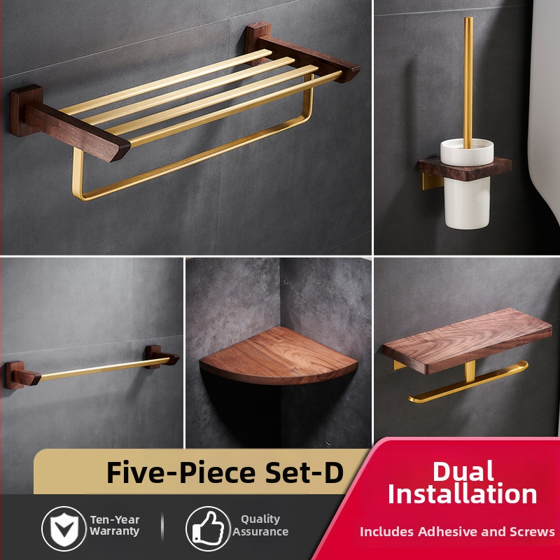 Držač za ručnike u kupaonici od drva oraha, s brušenim završetkom, bez bušenja, kutni stalak, šestodijelni set