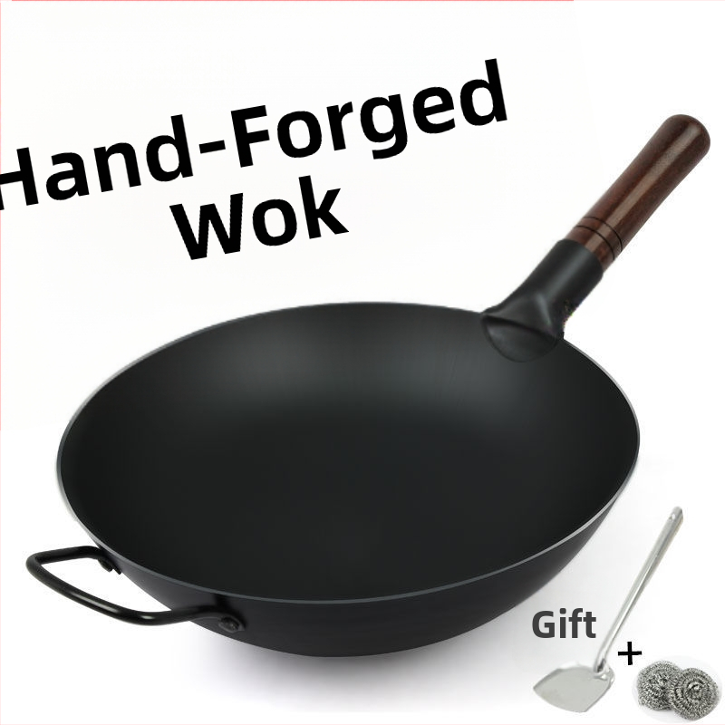 Staro módny hrubý liatinový wok, kovaná konštrukcia bez povrchovej úpravy a s neprilnavými vlastnosťami, pokrývka z nehrdzavejúcej ocele so sklom, vhodný pre plynový horák