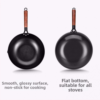 Željezni wok, ručno kovan, s višeslojnom dnom, poklopac od nehrđajućeg čelika sa staklom, pogodan za plinsku ploču