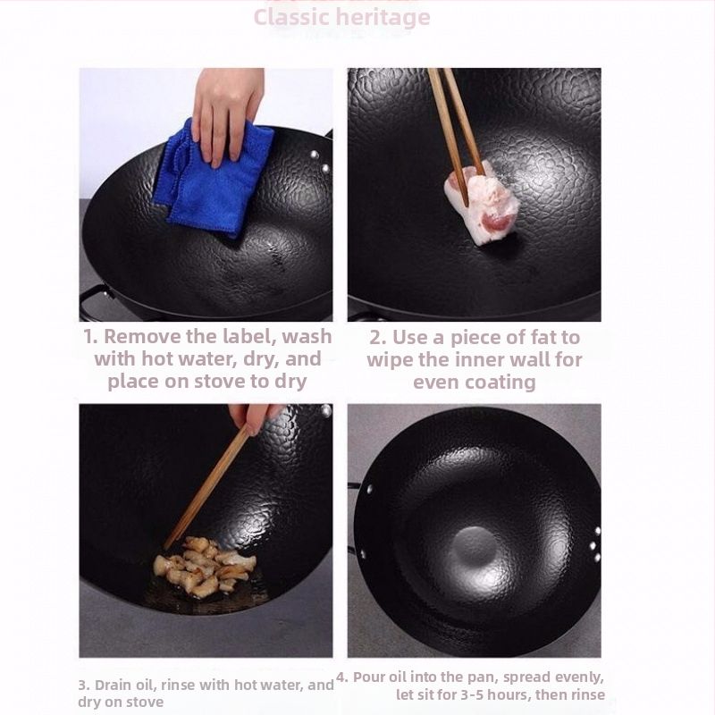 Željezni wok, ručno kovan, s višeslojnom dnom, poklopac od nehrđajućeg čelika sa staklom, pogodan za plinsku ploču