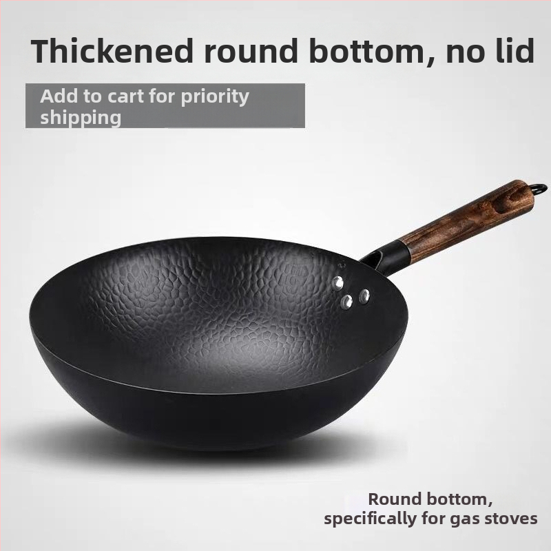 Željezni wok, ručno kovan, s višeslojnom dnom, poklopac od nehrđajućeg čelika sa staklom, pogodan za plinsku ploču